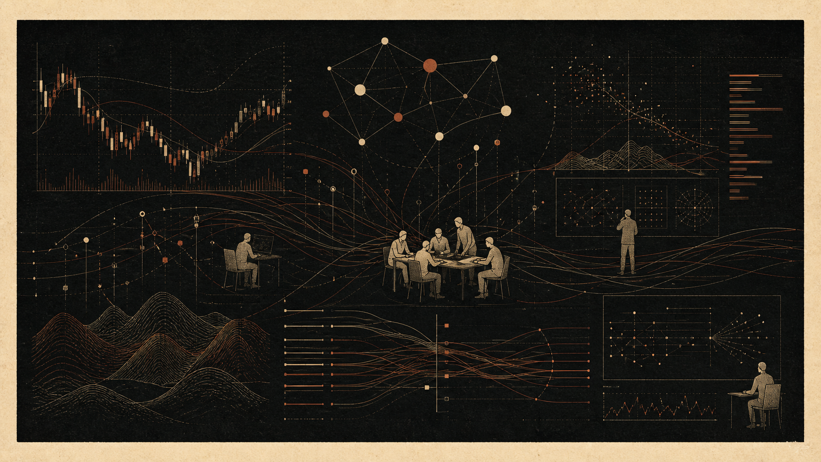 Original abstract visualization of market curves and human collaboration nodes